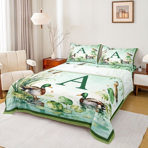 jejeloiu Kawaii Rustic Mallard Twin Sheet Sets,Green Letter A Bedding For Kids 3 Pieces