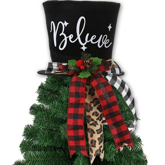 Christmas Tree Topper Hat, Retractable Xmas Tree Topper, Foldable Classic Plaid Top Hat with Large Bow for Christmas Tree Decorations Desktop Ornaments Winter Holiday Party Home Decor