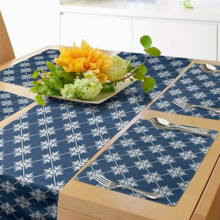 

Indigo Table Runner & Placemats Greek House Tile Inspired Design with Floral Flower Leaf Details Set for Dining Table Decor Placemat 4 pcs + Runner 12 x90 Navy Blue and White by Ambesonne