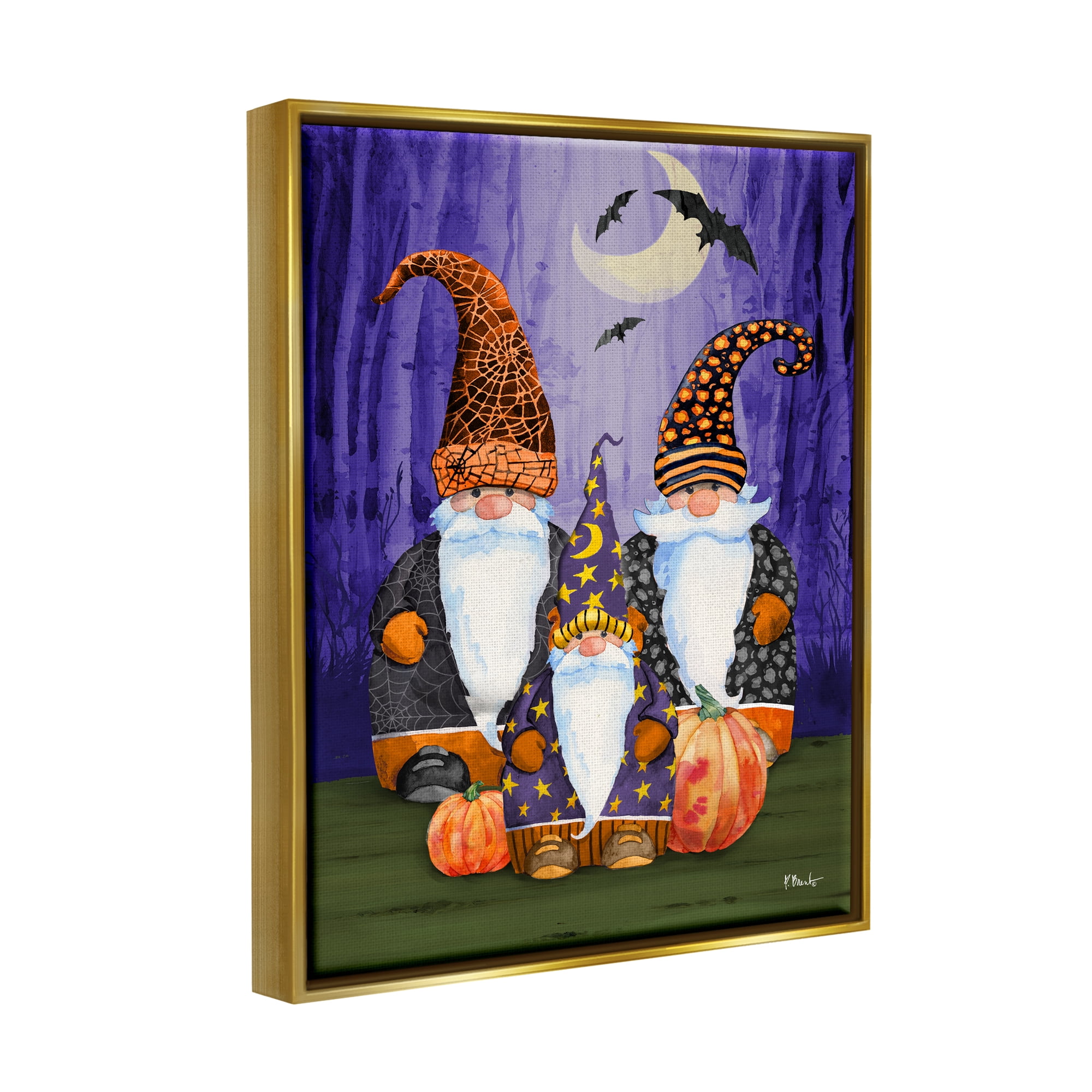 Stupell Industries Three Halloween Gnomes Holiday Painting Gold Floater Framed Art Print Wall Art, 25 x 31