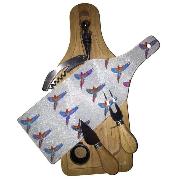 KuzmarK Wine & Cheese Glass Cutting Board Wood Box Gift Set - Parrot Key West