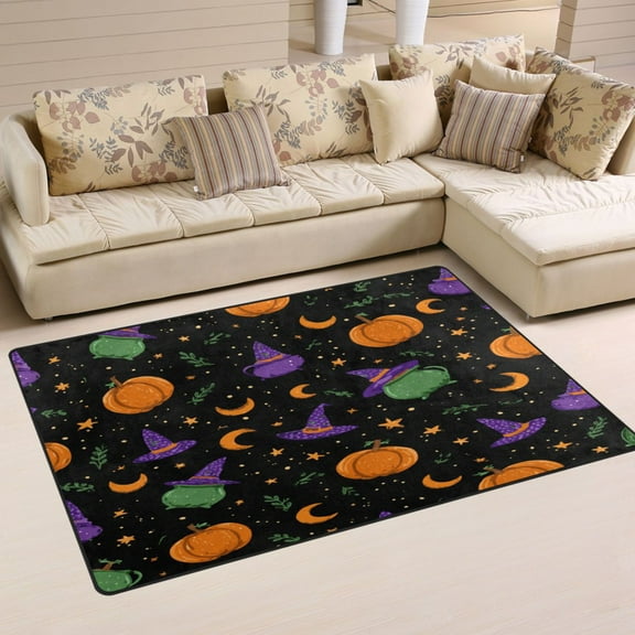 Non-Slip Area Rug 31"x20" Indoor Washable Floor Mats Carpet Printed for Living Room, Bedroom, Home Decor Purple and Orange Halloween Icons