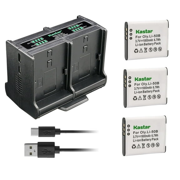 Kastar 3-Pack Battery and Quadruple Charger Compatible with Olympus Tough TG-620 iHS, Tough TG-630 iHS, Tough TG-805, Tough TG-810, Tough TG-820 iHS, Tough TG-830 iHS, Tough TG-835 Camera