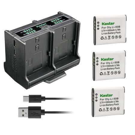 Image of Kastar 3-Pack Battery and Quadruple Charger Compatible with Olympus Tough TG-620 iHS Tough TG-630 iHS Tough TG-805 Tough TG-810 Tough TG-820 iHS Tough TG-830 iHS Tough TG-835 Camera