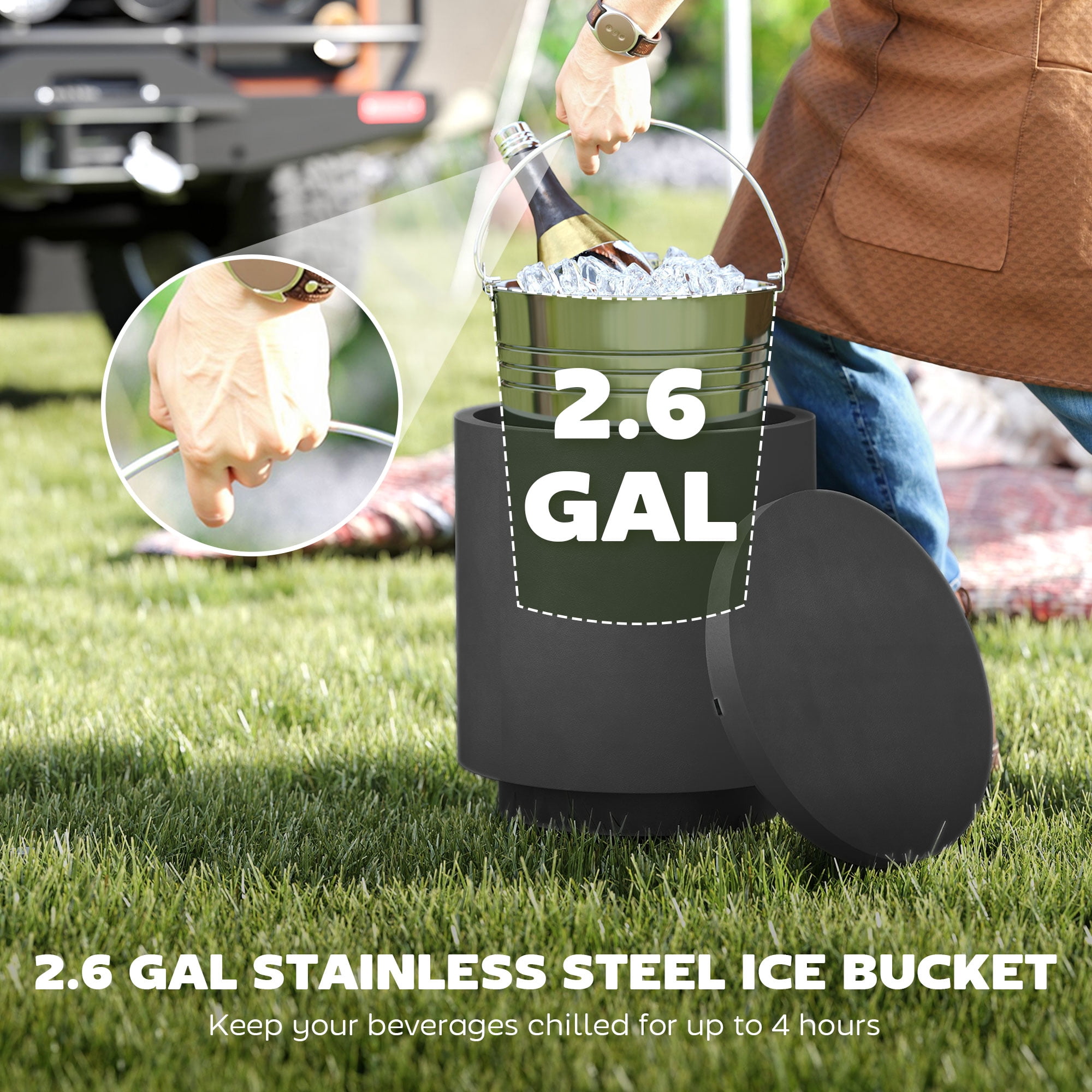 2.6 Gal Outdoor Cooler Side Table, 3 in 1 Cool Bar Table with Storage, Removable Ice Bucket and Lid, Concrete Patio Table, Charcoal Gray