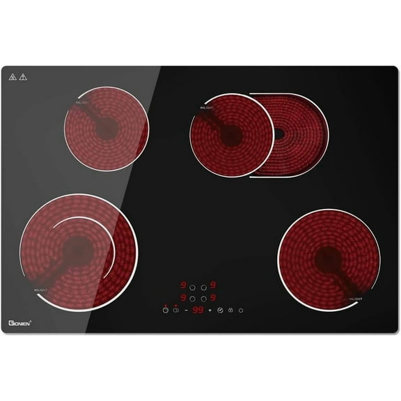 GIONIEN 30 Inch Electric Cooktop, 7200W Built-in Ceramic Stove with 4 Burners & Flexible Ring, 220~240V Hardwired Drop-in Electric Stove, Touch Control, 9 Power Levels, Timer, Child Lock