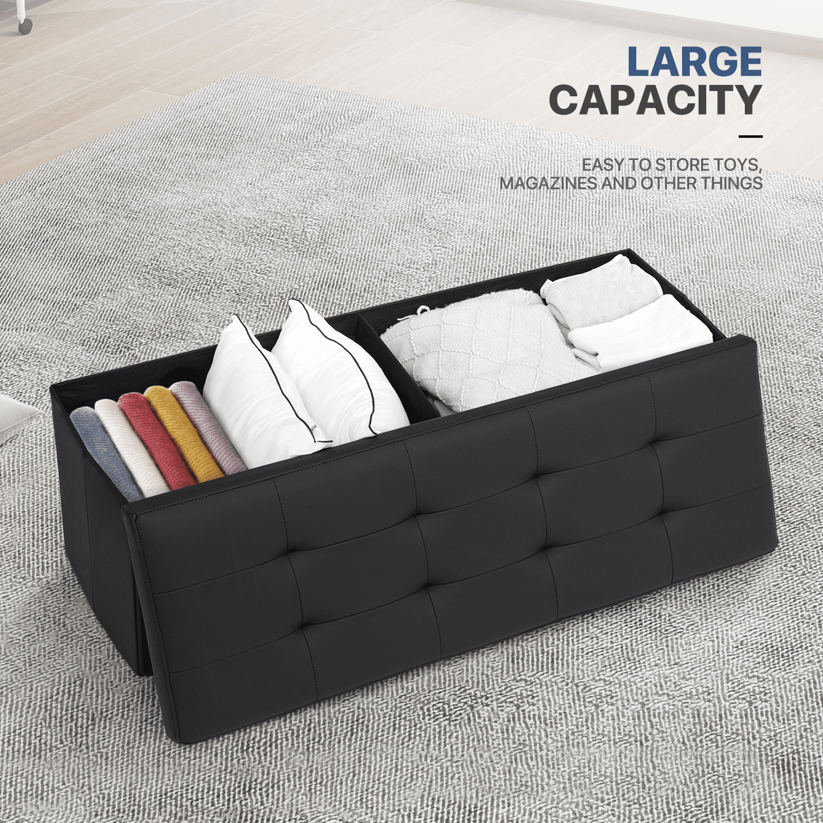MoNiBloom 43" Collapsible Ottoman with Storage, PU Leather Storage Ottoman Bench, Modern Storage Footstool for Living Room Bedroom Entryway, Black