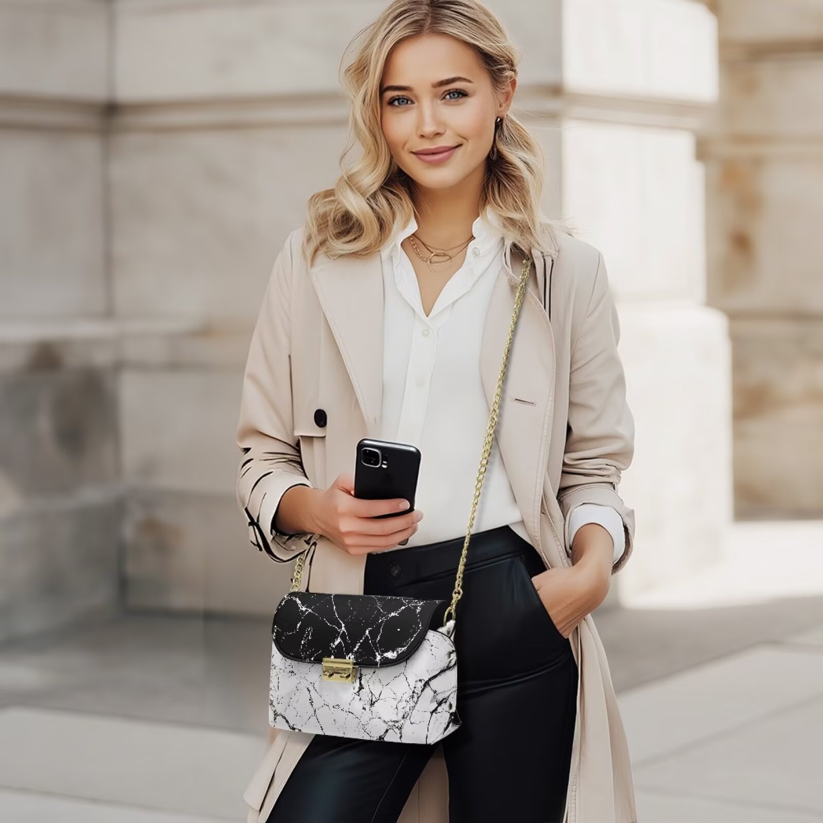 Pzuqiu Black White Marble Crossbody Bags Leather Women Exquisite Craftsmanship Leather Quilted Shoulder Bag with Chain Strap Practical Functional for Daily Use and Travel