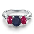 thumbnail image 3 of Gem Stone King 925 Sterling Silver Blue Sapphire and Red Ruby Filigree Style 3 Stone Ring for Women (3.00 Cttw, Oval 8X6MM and 6X4MM) (Size 8), 3 of 6