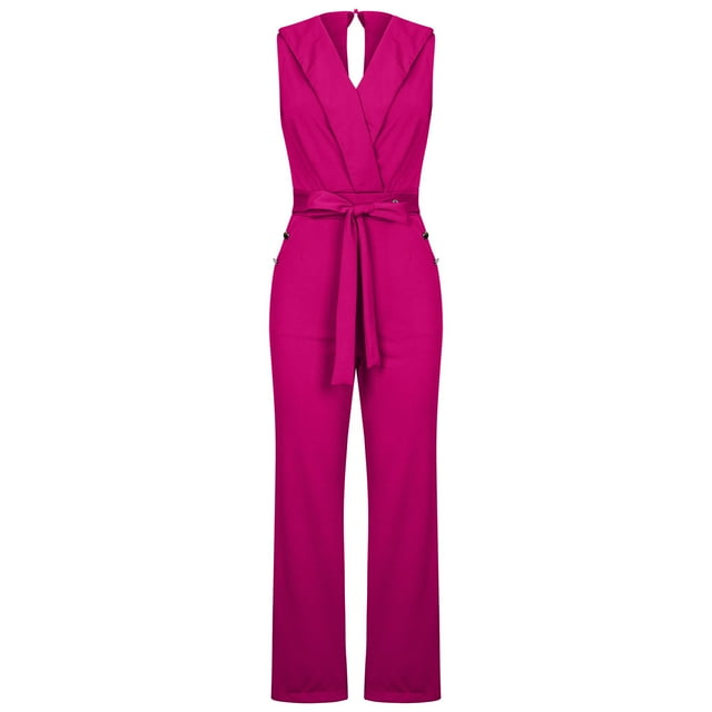 Femmes Combinaisons Costume Col Solide Couleur Bretelles Sans Manches Taille Poche Slim Droite Pants Combinaisons