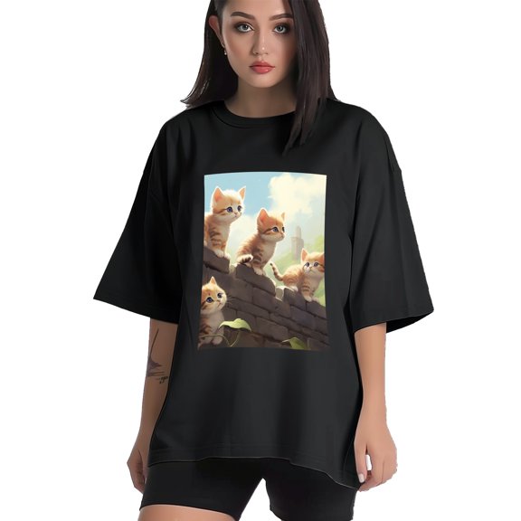 Plus Size Shirt for Women Black Tops for Women Short Sleeves Shirt for Women Cats T Shirt Crewneck Shirt for Women XS