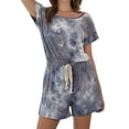 thumbnail image 4 of Women Tie Dyed Print Color Block Short Sleeve Drawstring Rompers, 4 of 7