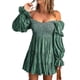 thumbnail image 1 of Vestido de línea con hombros descubiertos, cuello en V, manga larga, cintura, vestido estampado plisado adelgazante para mujer, verde S, 1 of 6