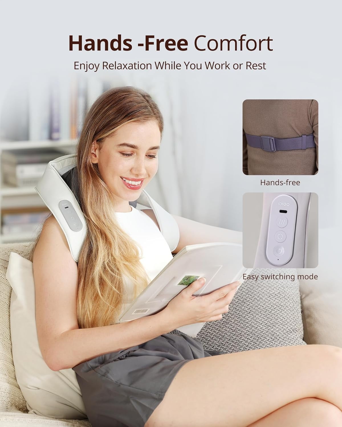 ibreo Cordless Shiatsu Neck and Back, Shoulder Massager with Heat, Massage Head Adjustable and 4 Massage Modes, 6D Kneading Deep Tissue for Pain Relief, Black