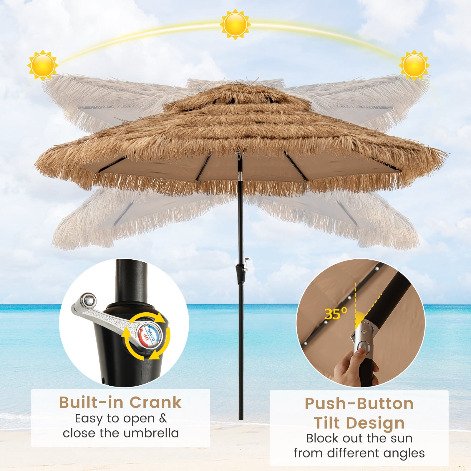 Gymax 10 FT Hula Thatched Tiki Umbrella 2-Tier Hawaiian Style Solar Patio Umbrella