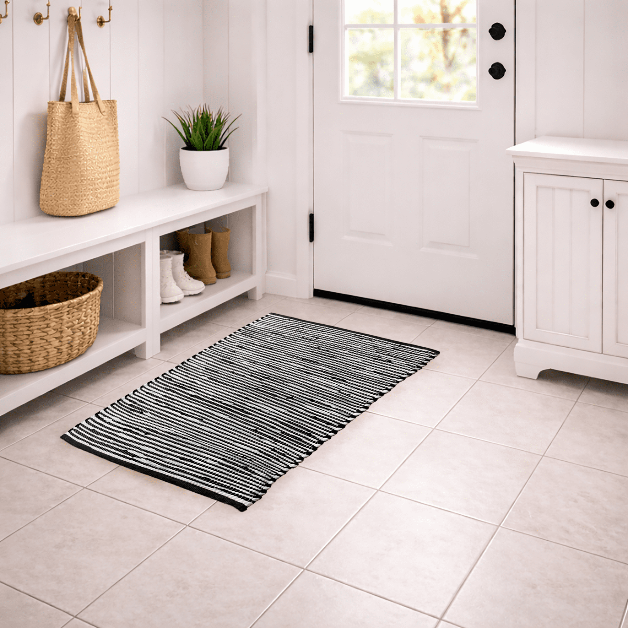 Mainstays- Modern Contemporary Scandinavian Diamond Geometric Woven Texture Cotton Black and White, Accent Scatter Mat 2x3, Recommended for Hallway, Bedroom, Kitchen, and Laundry room