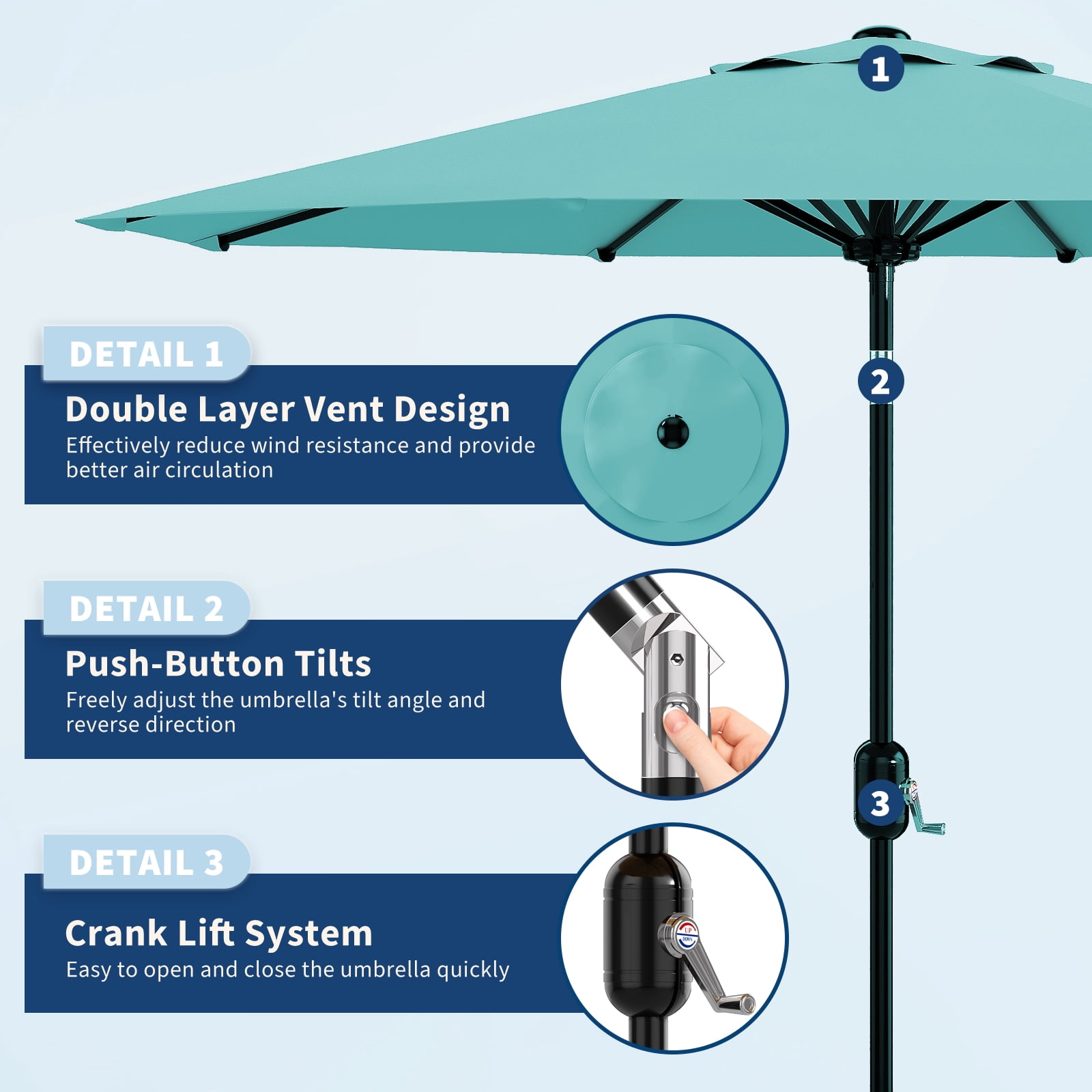 10FT Patio Umbrella Outdoor Market Sun Parasol – 8 Sturdy Ribs, 360° Adjustable Tilt & Crank, UV Protection, Waterproof, Table Shade for Deck, Pool, Garden, Camping