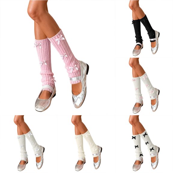 Daznico Women Calf High Slouch Ribbed Knit Socks Multi Satin Bow Stretch Stackable Thermal Leg Warmers for Balletcore Fall Winter Daily Skirt Matching Outfits