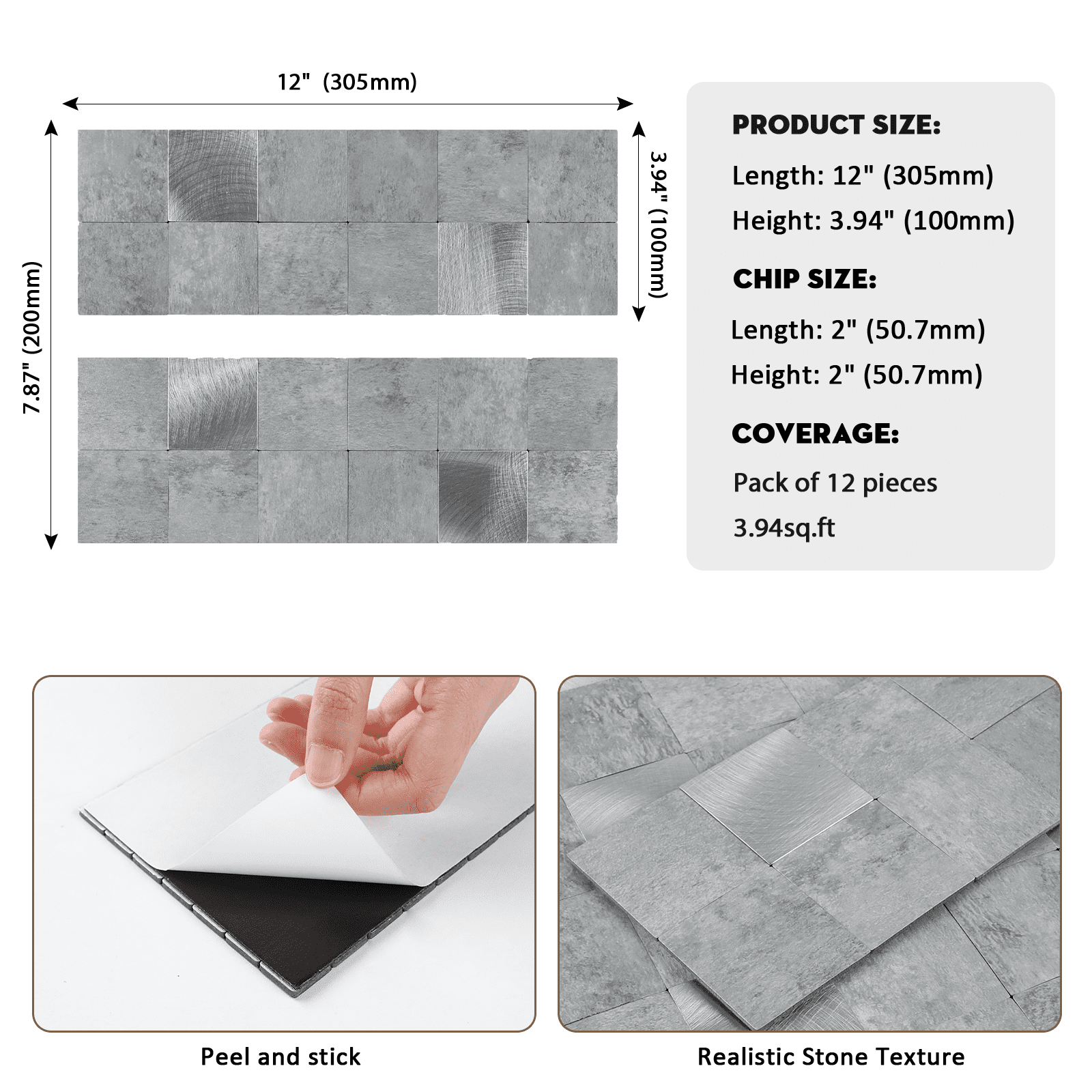 12-Sheet Peel and Stick Backsplash, 12" x 4" PVC Marble Look Self Adhesive Stick on Wall Tiles for Kitchen Bathroom Fireplace (Gray)