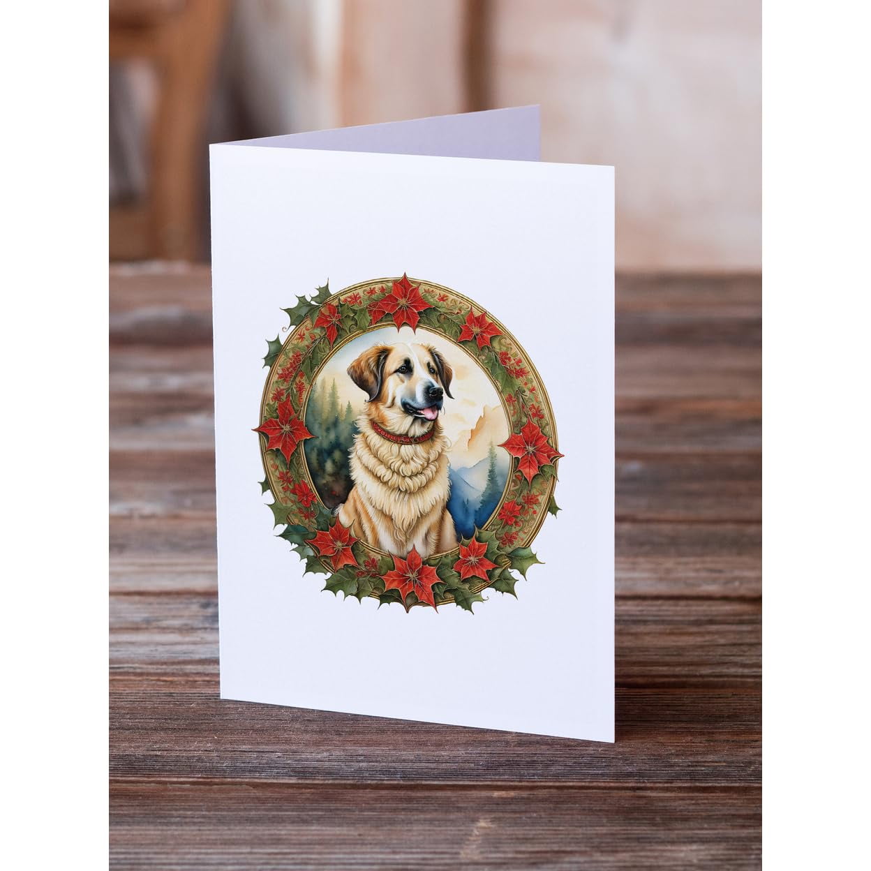 Anatolian Shepherd Dog Christmas Flowers Greeting Cards Pack of 8 7 in x 5 in