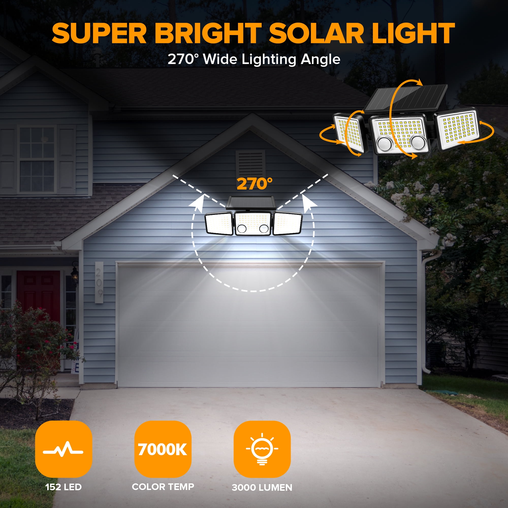 UME 2 Pack Solar Flood Lights, 3000 Lumen Waterproof Solar Motion Activated Security Light, 3 Modes for Outdoor Garden Garage Yard, Black