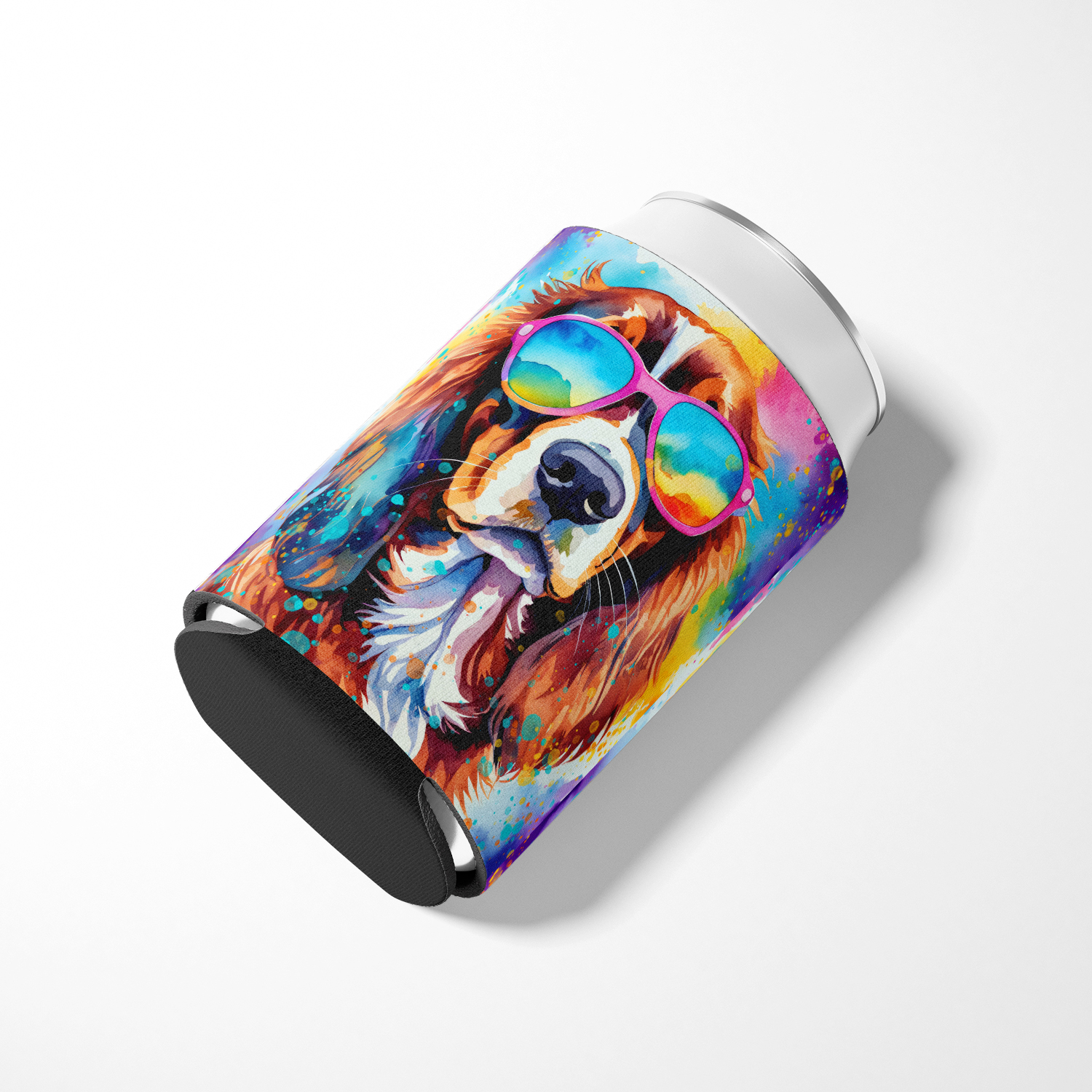 Cavalier Spaniel Hippie Dawg Can or Bottle Hugger 3 in x 5 in