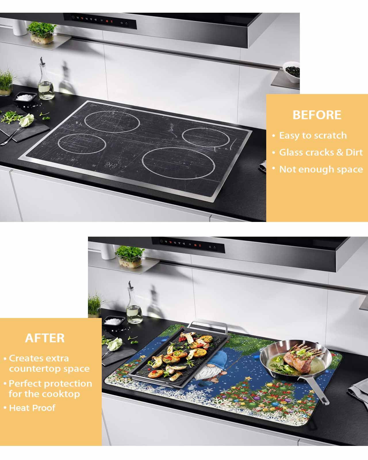Large Induction Cooktop Protector Mat Blue Gnomes Christmas Stove Top Covers for Electric Stove, Xmas Tree Weeping Balls Snowflake Decorative Stove Burner Cover Mats, Glass Top Stove Cover