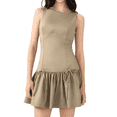 thumbnail image 3 of Robe Plissée Sans Manches pour Femme Robe Mini Ligne A Couleur Unie Col Rond Caractéristique de Gaine Nœud - Fermeture Éclair au Dos Kaki TP, 3 of 10