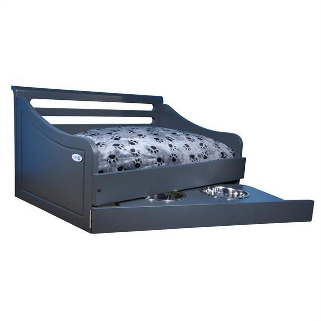 Iconic Pet 52055 Sassy Paws Multipurpose Wooden Pet Bed with Feeder, Charcoal Gray - Small