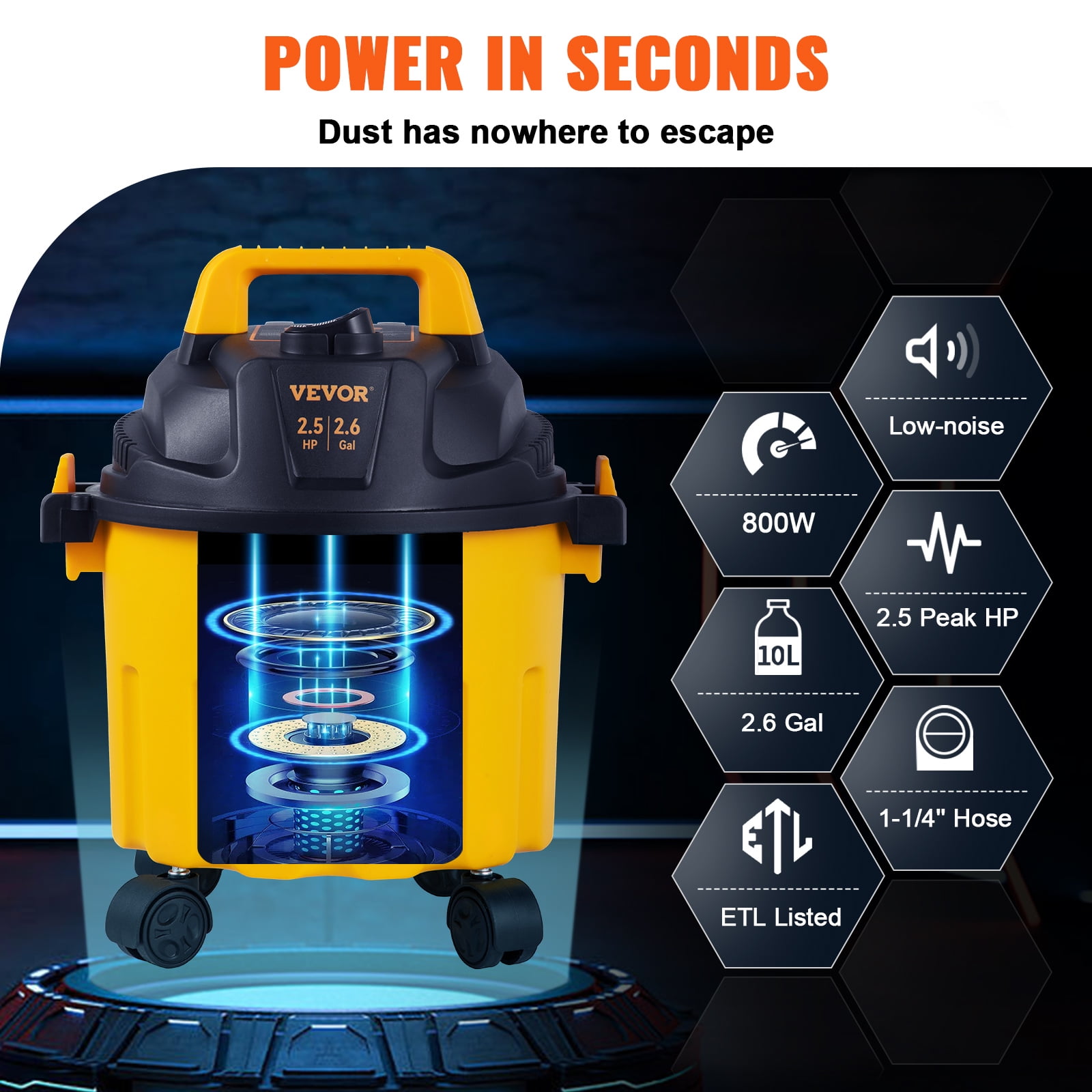 VEVOR Wet Dry Vac, 2.6 Gallon, 2.5 Peak HP, 3 in 1 Portable Shop Vacuum with Blowing Function, Attachments Storage, Perfect for Cleaning Floor, Upholstery, Gap, Car, Black/Yellow, ETL Listed