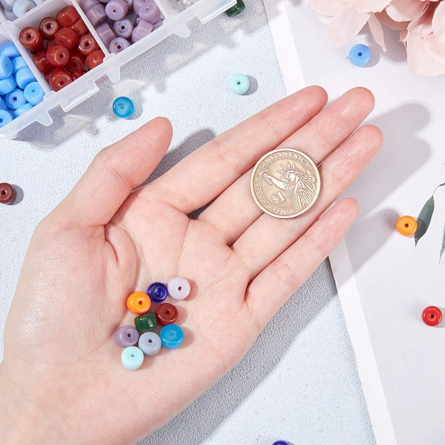 490 Pcs Cylindrical Glass Beads Opaque Solid Pony Beads and Round Brass Spacer Beads with Clear Elastic Thread for Bracelet Necklace Jewelry Making