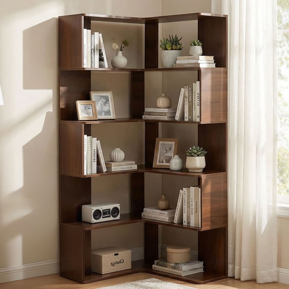 CQSXDA Modern 6 Tier Wooden Bookshelf in Walnut Design, 66 Inch Freestanding Corner Shelf for Home Decoration