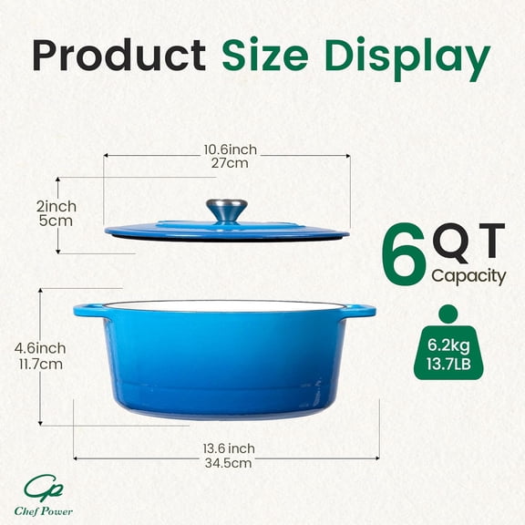 Power Dutch Oven Pot with Lid 6QT, Enameled Cast Iron Dutch Oven for Bread Baking, Braising, Stews, Roasting, Oven Safe Dutch Ovens, Gradient Blue