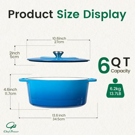 Power Dutch Oven Pot with Lid 6QT, Enameled Cast Iron Dutch Oven for Bread Baking, Braising, Stews, Roasting, Oven Safe Dutch Ovens, Gradient Blue