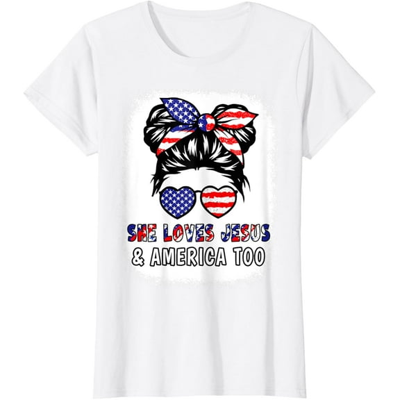 100% pure cotton women's short-sleeved shirtGirl Loves Jesus & America Shirt 4th July Flag USA Patriotic T-Shirt
