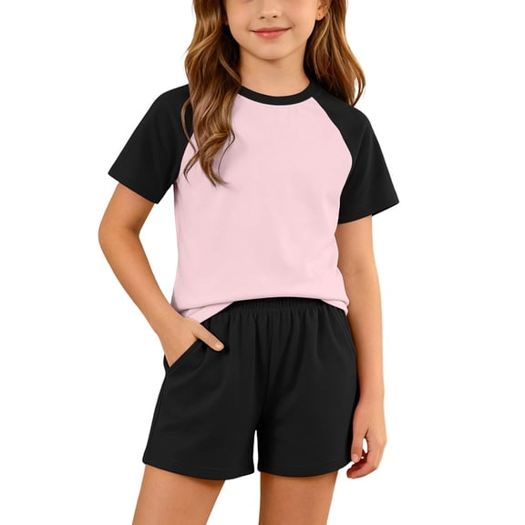 Cethrio Girls Outfit Sets Short Sleeve, 2 Piece Summer Color Block T-shirts and Shorts Sets Pink Size 10