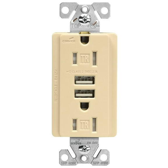 Eaton TR7755V-K-L Receptacle, 15 A, 125 V, 2-USB Port, NEMA: NEMA 5-15R, Ivory