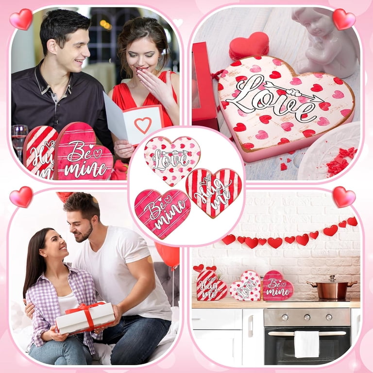 Valentine's Day Wooden Heart Table Signs (3-Pack) - "Love," "Be Mine," "XOXO" Decor For Tiered Trays, Weddings, Anniversaries