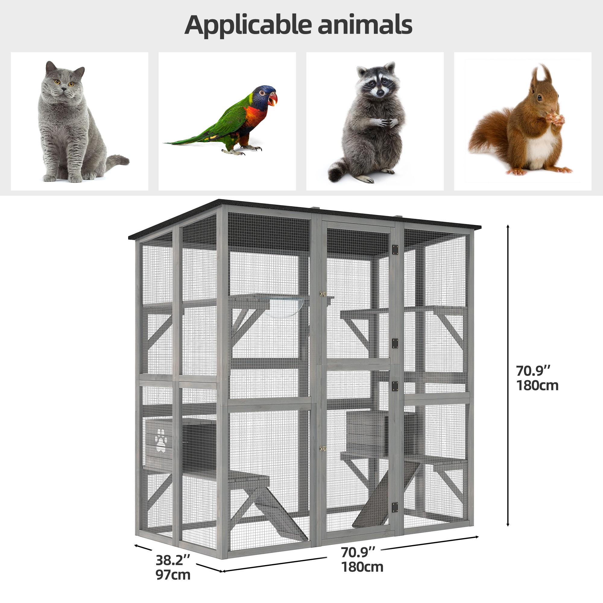 Dextrus 70.9 Outdoor Large Cat Cage Catio Kitten Cat Enclosure Wooden Cat House with Asphalt Roof Cat Cage Playpen with Multiple Platforms 2