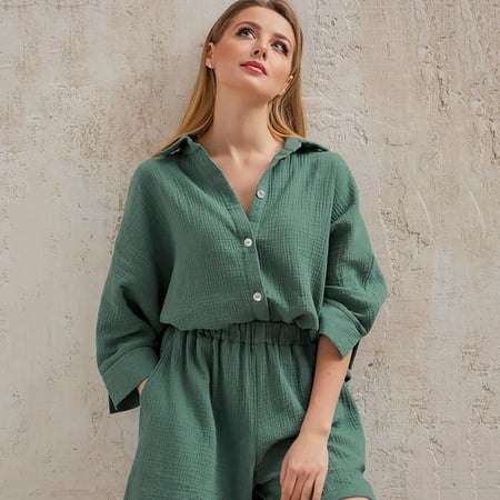 

Casual Sleepwear Cotton Pajamas For Women Sets Suit Turn-Down Collar Nine Quarter Sleeve Sleep Tops Shorts Female Homewear
