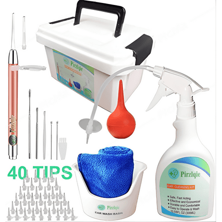 Pirzlqie Ear Wax Removal Tool, Ear Cleaning Kits Safe Ear Irrigation Kit Ear Flush Kit for Adults Kids, Ear Wax Washer Device with LED Spoon, Basin, Bulb, Curette Kit, Towel, 40 Tips and Storage Box