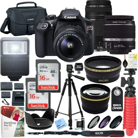 Most Eos Cameras Canon T6 EOS Rebel DSLR Camera with EF-S 18-55mm f/3.5-5.6 IS II and EF 75-300mm f/4-5.6 III Lens and SanDisk Memory Cards 16GB 2 Pack Plus Triple Battery Accessory Bundle ()