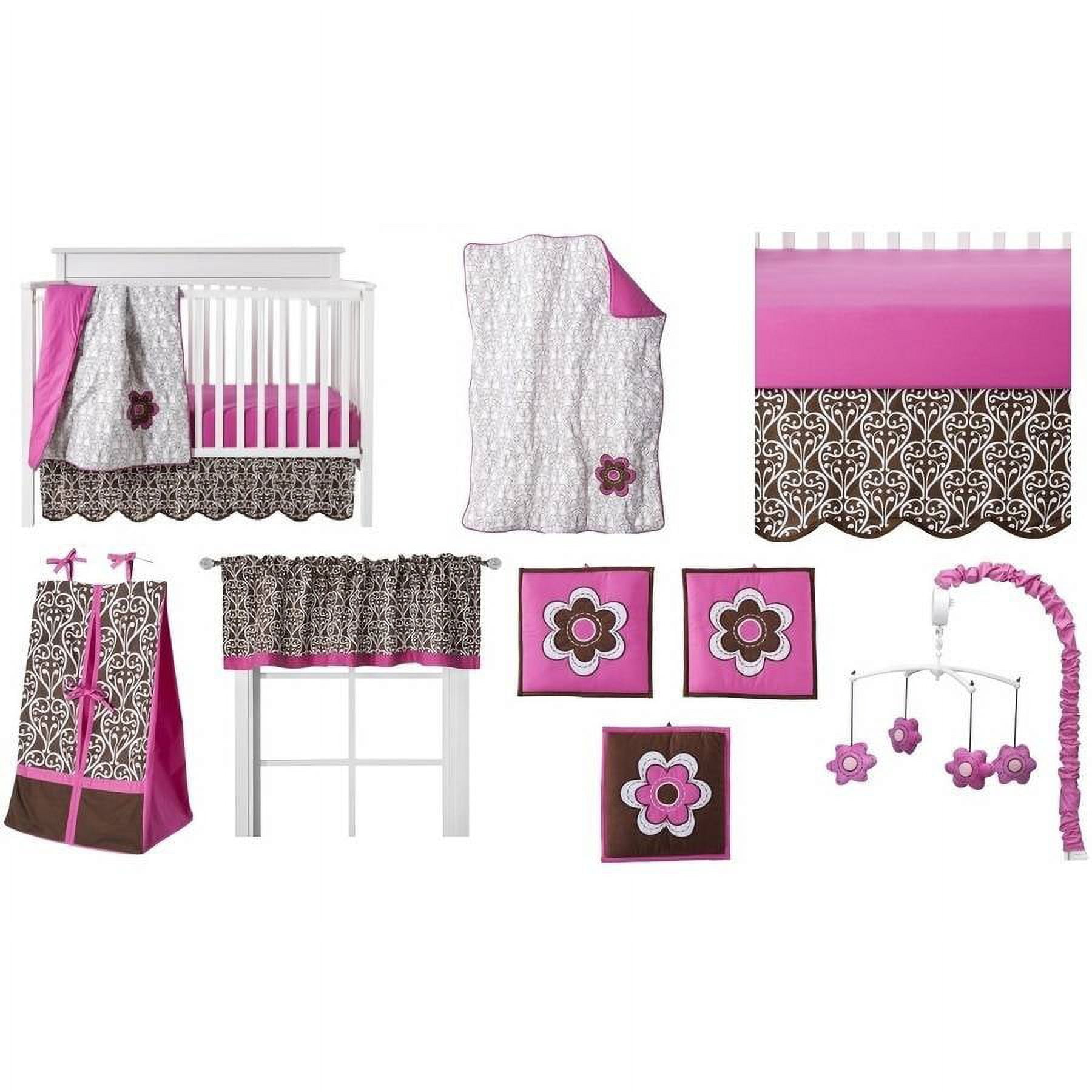 Bacati - Floral Damask Pink/Chocolate Girls 10-Piece Nursery-in-a-Bag Crib Bedding Set 100 % Cotton Percale