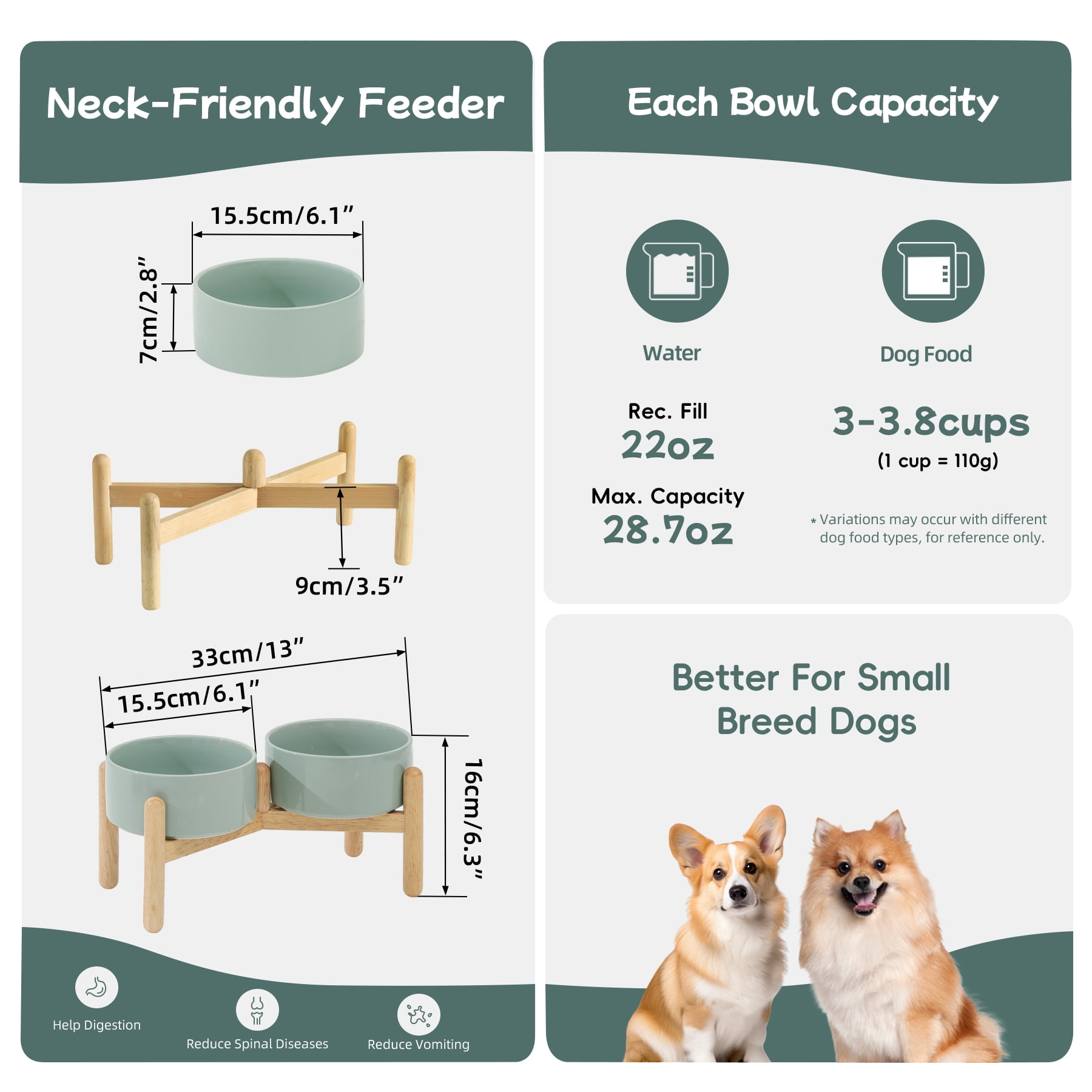 LarqeeWare Ceramic 6.1inch Raised Dog Bowl with Stand for Small and Medium Breed Dog Dish Pet Food and Water Bowl (Double Bowl with Stand - Light Green, 28oz)