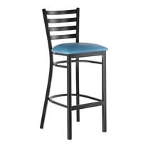 Black Ladder Back Metal Restaurant Barstool with Blue Vinyl Padded Seat - Commercial Quality Metal Restaurant Barstool