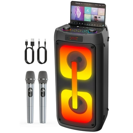 Portable Bluetooth Party Speaker with Powerful Bass, Dual Subwoofer Loud Speaker for Indoor & Outdoor with 2 Wireless Mics
