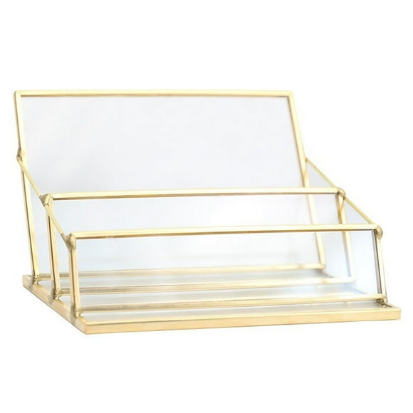 Elegant Business Card Organizer, Transparent Glass Wall Design with Gold Metal Frame for Eye-catching Desk Decor, Prevents Losing Cards, Keeps Desk Tidy, Suitable for Office & Meetings (11*7*7cm)
