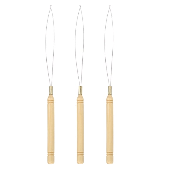Uxcell 3 Pcs Hair Extension Loop Needle Threader, Pulling Hook Tool for Micro Nano Beads Bohemian Dreadlocks Hair Feather Extensions Crochet Braiding - Wooden Handle