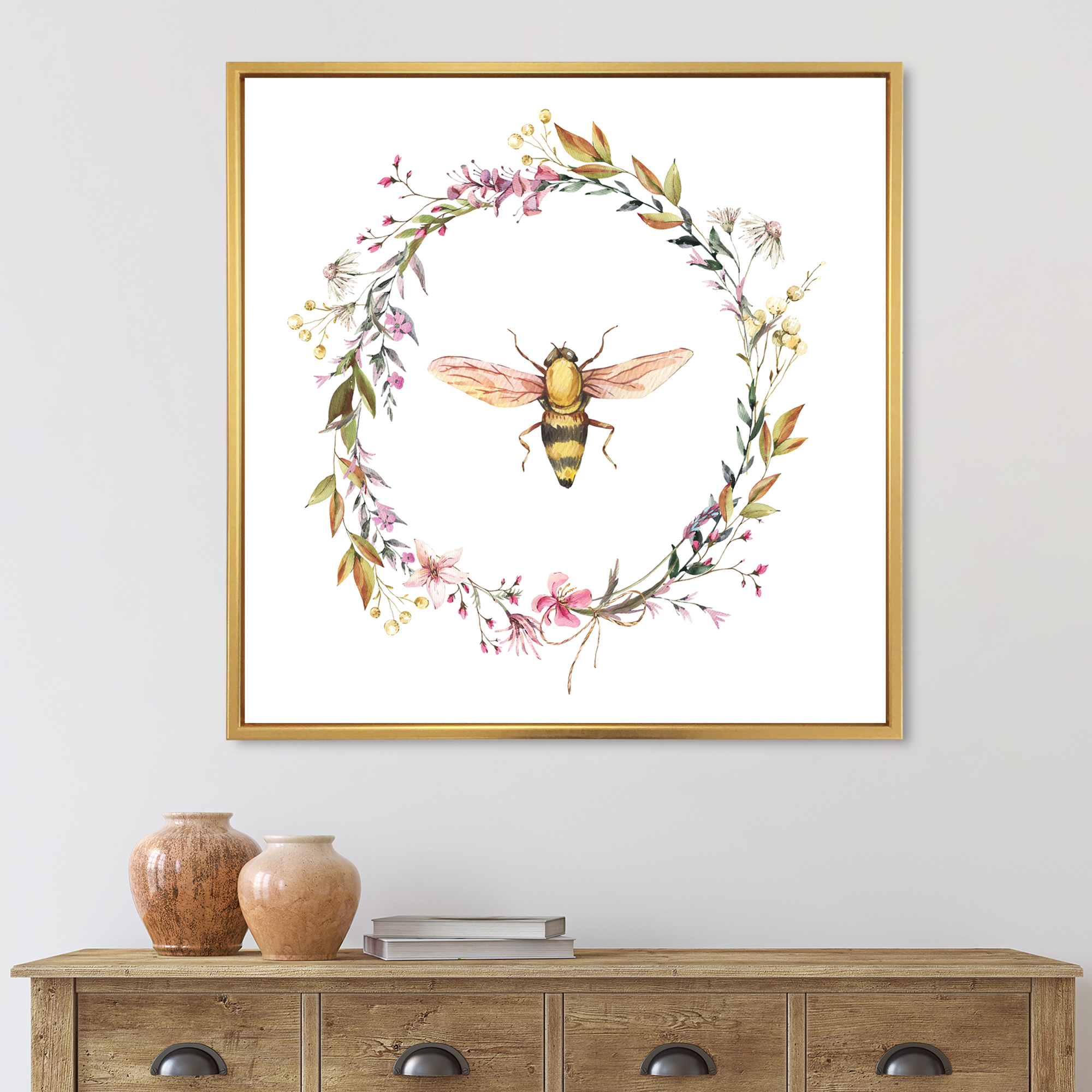 Designart 'Wildflowers Wreath and A Bee' Farmhouse Framed Canvas Wall Art Print