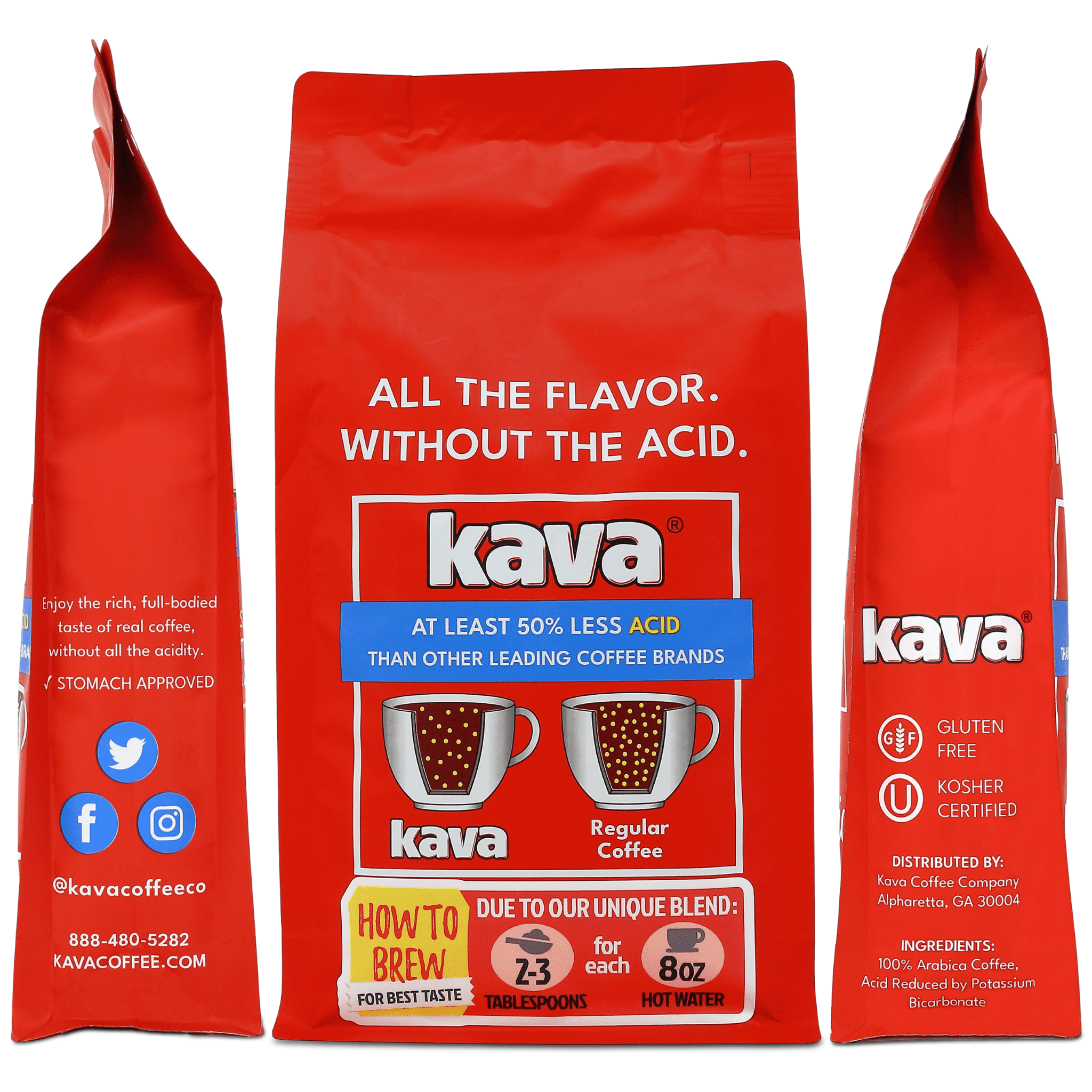 Kava Low Acid Ground Coffee – Medium Roast Arabica, Stomach Friendly, Kosher, 12 oz Bag (Pack of 3)
